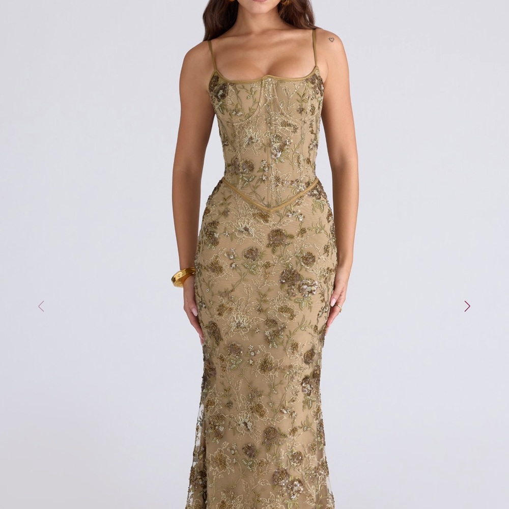 NAIMA
Olive Bronze Hand Beaded Embellished Corset Maxi Dress - Limited Edition